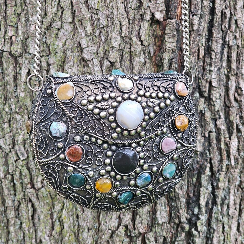Vintage Sajai Handcrafted crossbody purse metal jasper and agate stones handbag